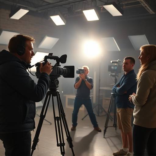 Atores filmando uma cena em um set de filmagem profissional.