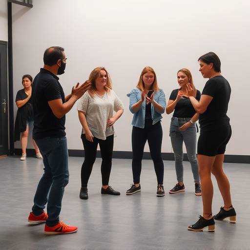 Atores iniciantes em um exercício de improvisaäão teatral.