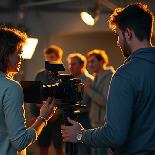 Estudantes de cinema aprendendo sobre câmeras e iluminaäão.