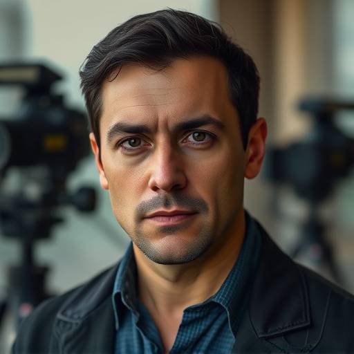 Foto de Ricardo Albuquerque, com um olhar sério e profissional, em frente a um set de filmagem.