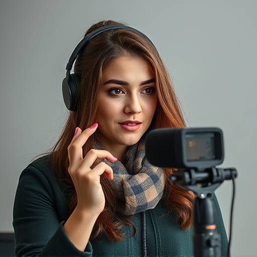 Imagem de Fernanda Costa, dublando em um estüdio profissional com fones de ouvido.