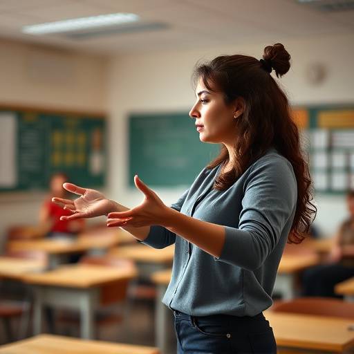 Isabela Gomes ensinando técnicas de expressão corporal em uma sala de aula.