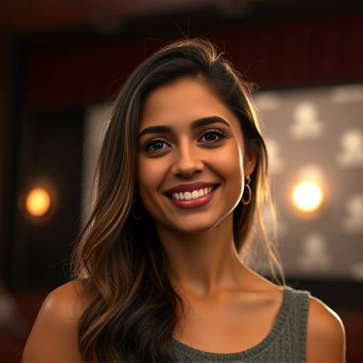 Retrato de Ana Paula Oliveira, sorrindo com um cenário de teatro ao fundo.