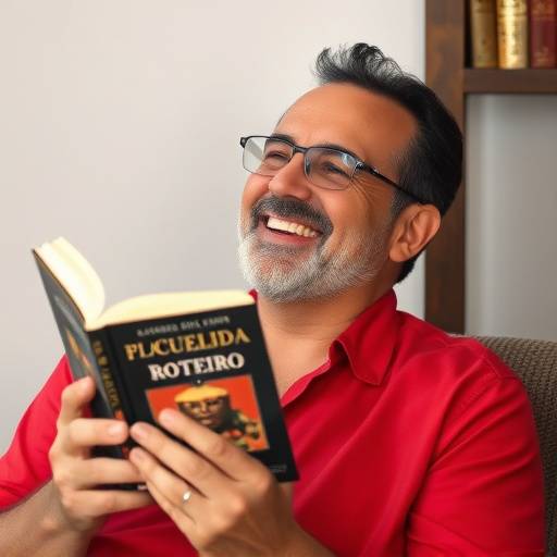 Retrato de Marcelo Silva, sorrindo com um livro de roteiro na mão.
