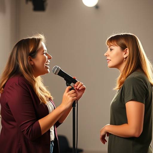 Uma professora de canto ensinando uma aluna a técnica vocal correta.